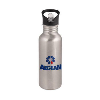 Πρατήριο καυσίμων AEGEAN, Παγούρι νερού Ασημένιο με καλαμάκι, ανοξείδωτο ατσάλι 600ml