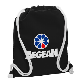 Πρατήριο καυσίμων AEGEAN, Τσάντα πλάτης πουγκί GYMBAG Μαύρη, με τσέπη (40x48cm) & χονδρά λευκά κορδόνια