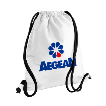 Πρατήριο καυσίμων AEGEAN, Τσάντα πλάτης πουγκί GYMBAG λευκή, με τσέπη (40x48cm) & χονδρά κορδόνια