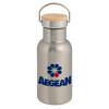 Stainless steel metallic thermos flask, silver with a bamboo lid, double-walled, 350ml.
