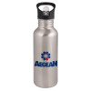 Water bottle Silver with straw, stainless steel 600ml