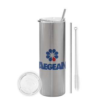 Πρατήριο καυσίμων AEGEAN, Eco friendly ποτήρι θερμό Ασημένιο (tumbler) από ανοξείδωτο ατσάλι 600ml, με μεταλλικό καλαμάκι & βούρτσα καθαρισμού