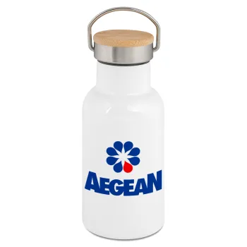 Πρατήριο καυσίμων AEGEAN, Μεταλλικό παγούρι θερμός (Stainless steel) Λευκό με ξύλινο καπακι (bamboo), διπλού τοιχώματος, 350ml