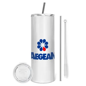 Πρατήριο καυσίμων AEGEAN, Tumbler ποτήρι θερμό από ανοξείδωτο ατσάλι 600ml, με μεταλλικό καλαμάκι & βούρτσα καθαρισμού