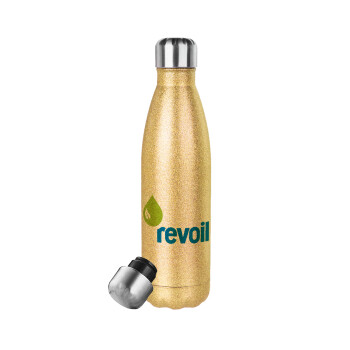 Πρατήριο καυσίμων REVOIL, Μεταλλικό παγούρι θερμός Glitter χρυσό (Stainless steel), διπλού τοιχώματος, 500ml
