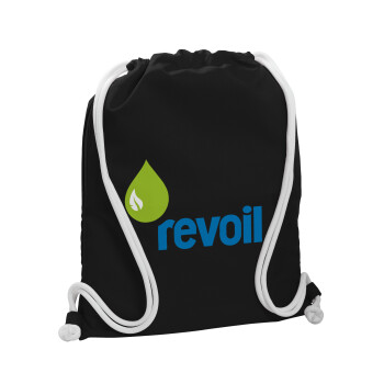 Πρατήριο καυσίμων REVOIL, Τσάντα πλάτης πουγκί GYMBAG Μαύρη, με τσέπη (40x48cm) & χονδρά λευκά κορδόνια