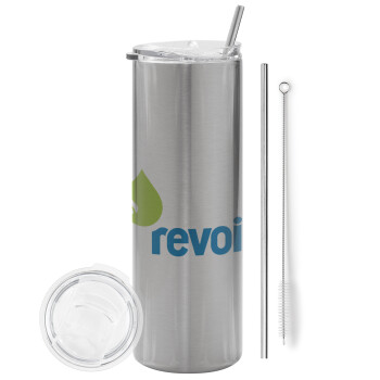 Πρατήριο καυσίμων REVOIL, Eco friendly stainless steel Silver tumbler 600ml, with metal straw & cleaning brush