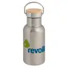 Stainless steel metallic thermos flask, silver with a bamboo lid, double-walled, 350ml.