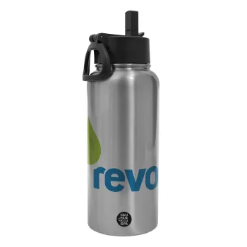 Πρατήριο καυσίμων REVOIL, Μεταλλικό παγούρι θερμός Silver με καλαμάκι και χερούλι (Stainless steel), διπλού τοιχώματος, 950ml