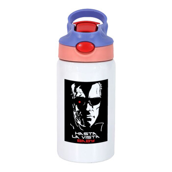 Terminator Hasta La Vista, Children's hot water bottle, stainless steel, with safety straw, pink/purple (350ml)