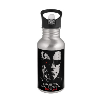 Terminator Hasta La Vista, Water bottle Silver with straw, stainless steel 500ml