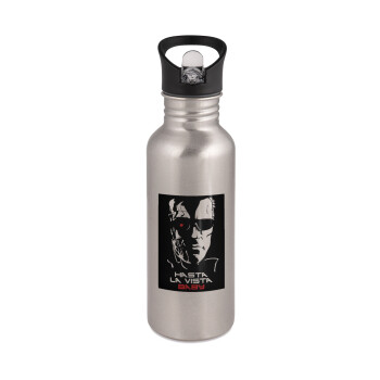 Terminator Hasta La Vista, Water bottle Silver with straw, stainless steel 600ml