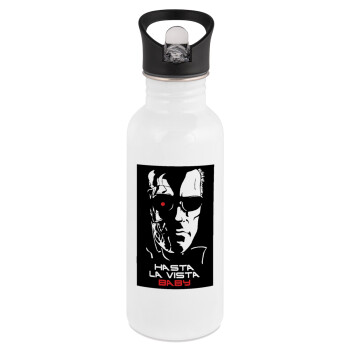 Terminator Hasta La Vista, White water bottle with straw, stainless steel 600ml