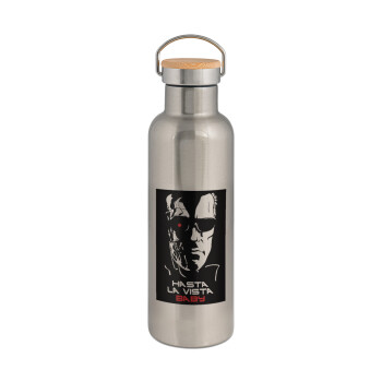 Terminator Hasta La Vista, Stainless steel Silver with wooden lid (bamboo), double wall, 750ml