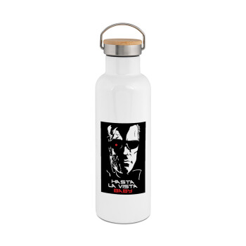 Terminator Hasta La Vista, Stainless steel White with wooden lid (bamboo), double wall, 750ml