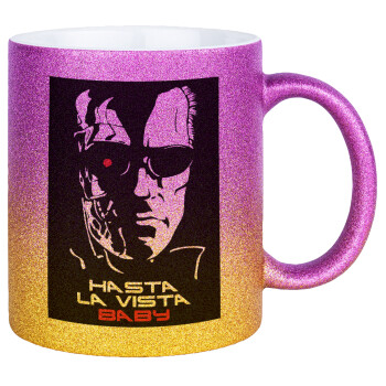 Terminator Hasta La Vista, Κούπα Χρυσή/Ροζ Glitter, κεραμική, 330ml
