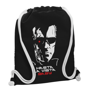 Terminator Hasta La Vista, Τσάντα πλάτης πουγκί GYMBAG Μαύρη, με τσέπη (40x48cm) & χονδρά λευκά κορδόνια