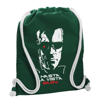 Terminator Hasta La Vista, Backpack pouch GYMBAG BOTTLE GREEN, with pocket (40x48cm) & thick white cords