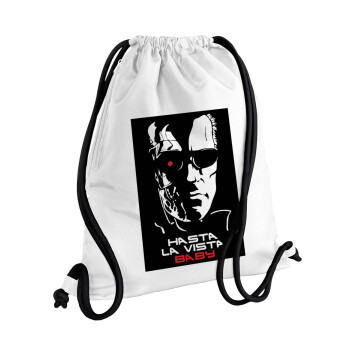 Terminator Hasta La Vista, Τσάντα πλάτης πουγκί GYMBAG λευκή, με τσέπη (40x48cm) & χονδρά κορδόνια