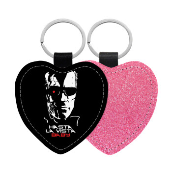 Terminator Hasta La Vista, Μπρελόκ PU δερμάτινο glitter καρδιά ΡΟΖ