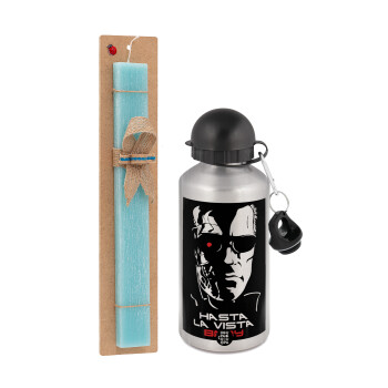 Terminator Hasta La Vista, Πασχαλινή Λαμπάδα με παγούρι μεταλλικό Ασημένιο αλουμινίου (500ml) & κερί αρωματικό πλακέ (30cm) (ΤΙΡΚΟΥΑΖ)