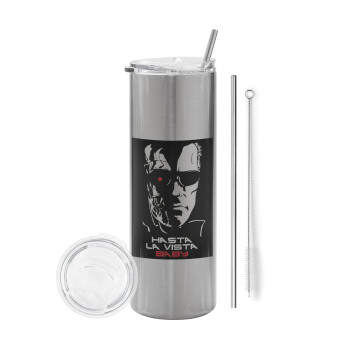 Terminator Hasta La Vista, Eco friendly stainless steel Silver tumbler 600ml, with metal straw & cleaning brush
