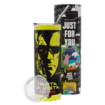 Terminator Hasta La Vista, Neon Yellow Travel Tumbler, with metal straw (Stainless steel 304 Food grade, BPA free, 600ml)