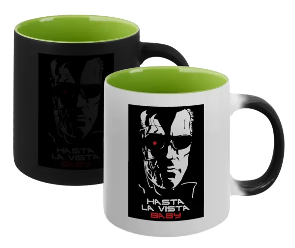 Terminator Hasta La Vista — Magic mug with green interior, ceramic, 330ml, changes colour with hot drinks