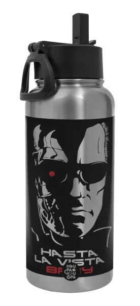 Terminator Hasta La Vista — Metal mug thermo Silver with Straw and Spout Lid (Stainless steel), double wall, 950ml