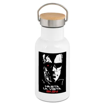Terminator Hasta La Vista, Metallic thermos (Stainless steel) White with wooden lid (bamboo), double-walled, 350ml