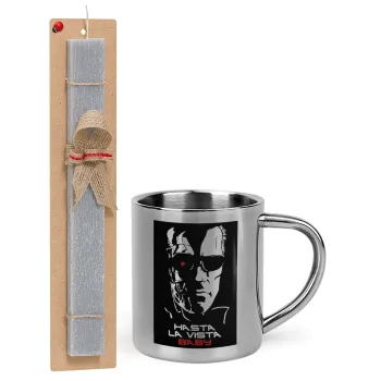 Terminator Hasta La Vista, Easter Set, metallic thermal cup (300ml) & Easter aromatic flat candle (30cm) (GRAY)