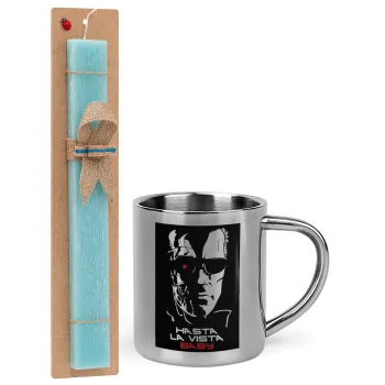Terminator Hasta La Vista, Easter Set, metallic thermal cup (300ml) & aromatic flat Easter candle (30cm) (TURQUOISE)
