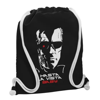 Terminator Hasta La Vista, Backpack pouch GYMBAG Black, with pocket (40x48cm) & thick white cords