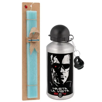 Terminator Hasta La Vista, Easter Set, metallic silver aluminum water bottle (500ml) & scented flat Easter candle (30cm) (TURQUOISE)