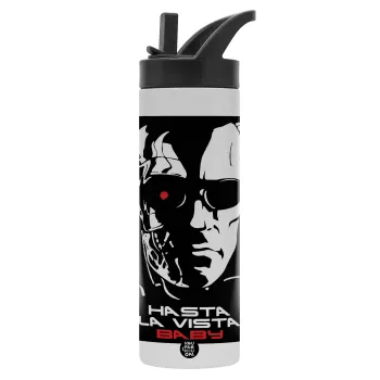 Terminator Hasta La Vista, Metallic thermos bottle with straw & handle, stainless steel (Stainless steel 304), double-walled, 600ml.
