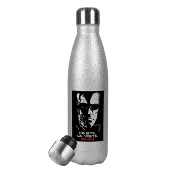 Terminator Hasta La Vista, Μεταλλικό παγούρι θερμός Glitter Aσημένιο (Stainless steel), διπλού τοιχώματος, 500ml
