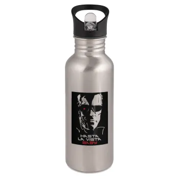 Terminator Hasta La Vista, Water bottle Silver with straw, stainless steel 600ml