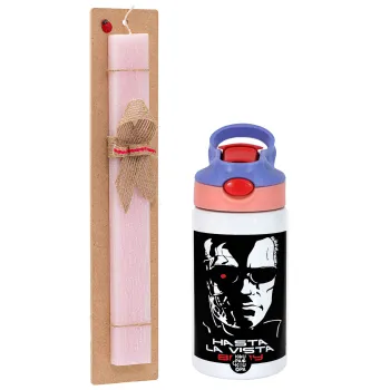 Terminator Hasta La Vista, Πασχαλινή Λαμπάδα με Παιδικό παγούρι θερμό, ανοξείδωτο, με καλαμάκι ασφαλείας, ροζ/μωβ (350ml) & κερί αρωματικό πλακέ (30cm) (ΡΟΖ)