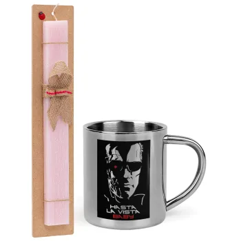 Terminator Hasta La Vista, Easter Set, metallic thermal cup (300ml) & aromatic flat Easter candle (30cm) (PINK)