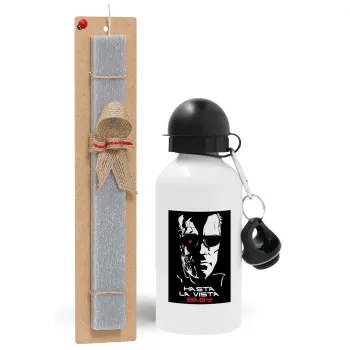 Terminator Hasta La Vista, Πασχαλινή Λαμπάδα με παγούρι μεταλλικό  αλουμινίου (500ml) & κερί αρωματικό πλακέ (30cm) (ΓΚΡΙ)