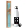 Easter Set, metallic stainless steel water bottle (750ml) & aromatic flat Easter candle (30cm) (TURQUOISE)