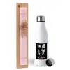 Easter Set, metallic stainless steel water bottle (750ml) & scented flat Easter candle (30cm) (PINK)