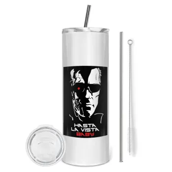 Terminator Hasta La Vista, Tumbler ποτήρι θερμό από ανοξείδωτο ατσάλι 600ml, με μεταλλικό καλαμάκι & βούρτσα καθαρισμού