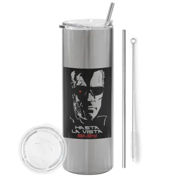 Terminator Hasta La Vista, Tumbler ποτήρι θερμό Ασημένιο από ανοξείδωτο ατσάλι 600ml, με μεταλλικό καλαμάκι & βούρτσα καθαρισμού