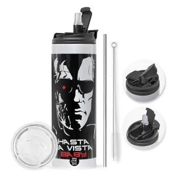 Terminator Hasta La Vista, Travel Tumbler 2 Lids, with metal straw & cleaning brush (Stainless steel 304 Food grade, BPA free, 600ml)