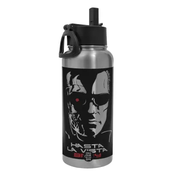 Terminator Hasta La Vista, Μεταλλικό παγούρι θερμός Silver με καλαμάκι και χερούλι (Stainless steel), διπλού τοιχώματος, 950ml