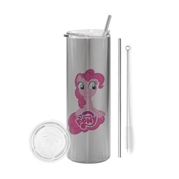 Μικρό μου Πόνυ, Tumbler ποτήρι θερμό Ασημένιο από ανοξείδωτο ατσάλι 600ml, με μεταλλικό καλαμάκι & βούρτσα καθαρισμού