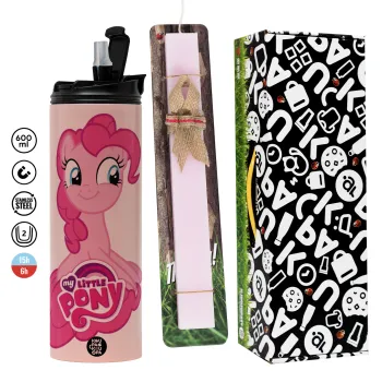 Μικρό μου Πόνυ, Πασχαλινή Λαμπάδα με  ΡΟΖ Travel Tumbler θερμό (600ml, BPA free) & κερί αρωματικό πλακέ (30cm) (ΡΟΖ)