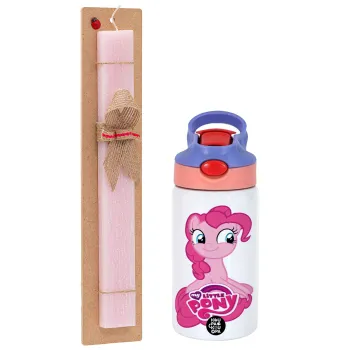 My Little Pony, Easter Set, Children's thermal stainless steel water bottle with safety straw, pink/purple (350ml) & Easter scented flat candle (30cm) (PINK)