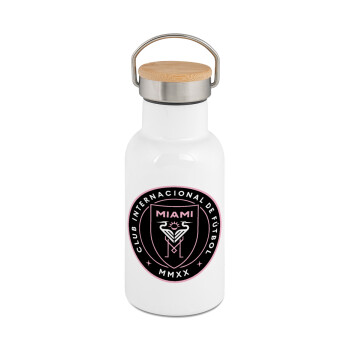 Ίντερ Μαϊάμι (Inter Miami CF), Μεταλλικό παγούρι θερμός (Stainless steel) Λευκό με ξύλινο καπακι (bamboo), διπλού τοιχώματος, 350ml